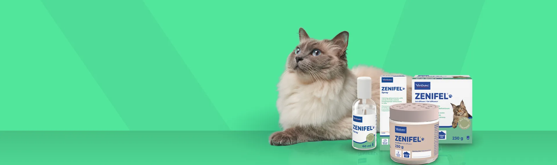 Fluffy cat with Virbac Zenifel calming products on green background.