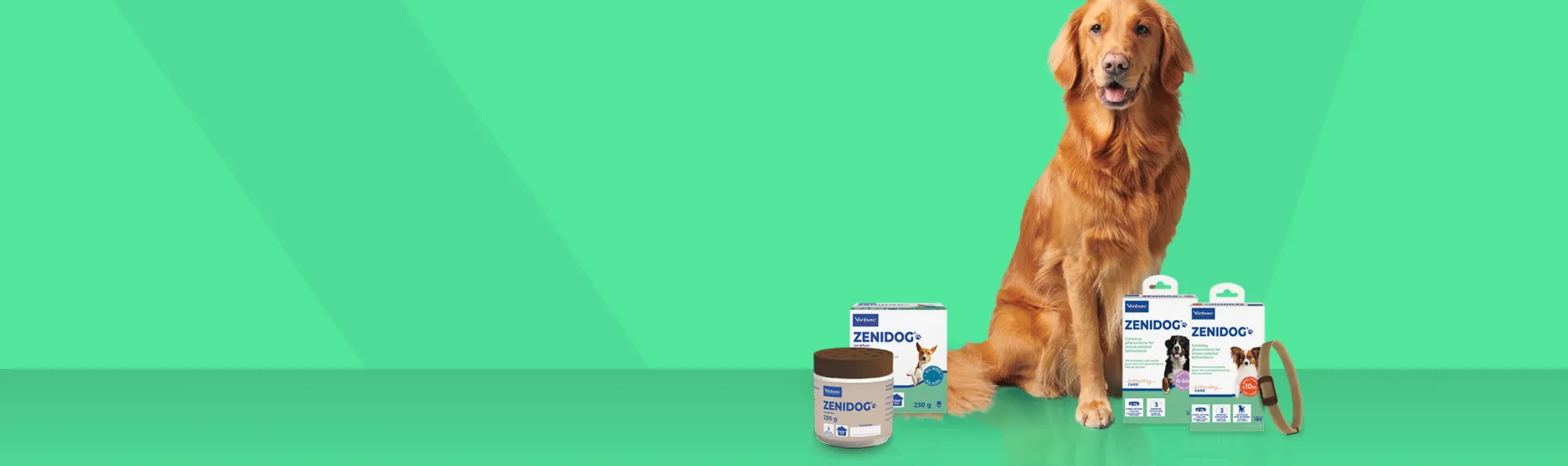 Golden retriever sitting beside Virbac Zenidog pet care products on a green background.
